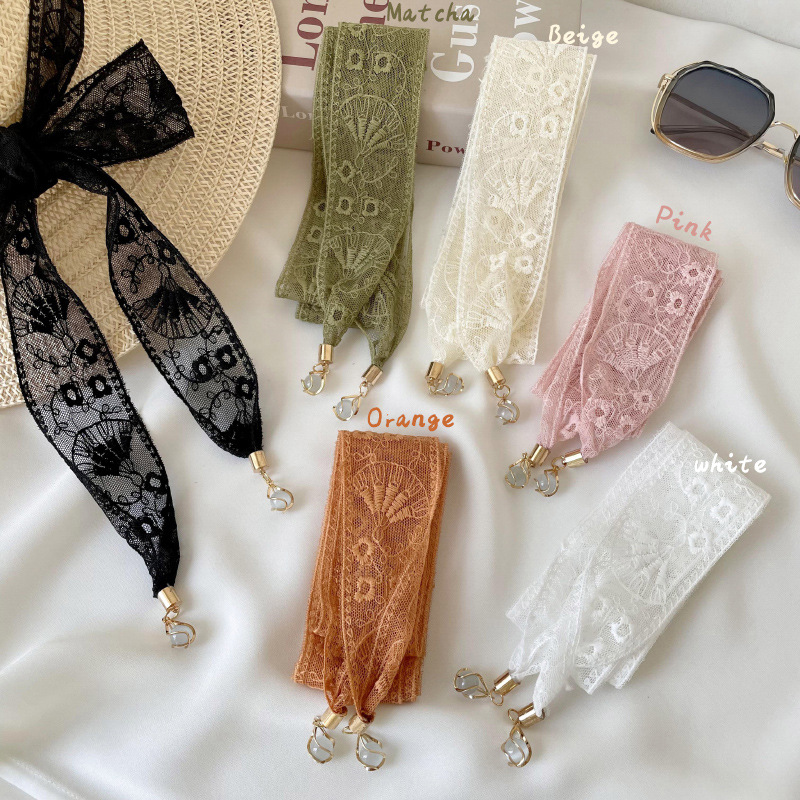 Pequeña correa de cabello personalizada nueva flor de encaje coreano decoración bufandas pequeñas bufandas delgadas colgante largo seda