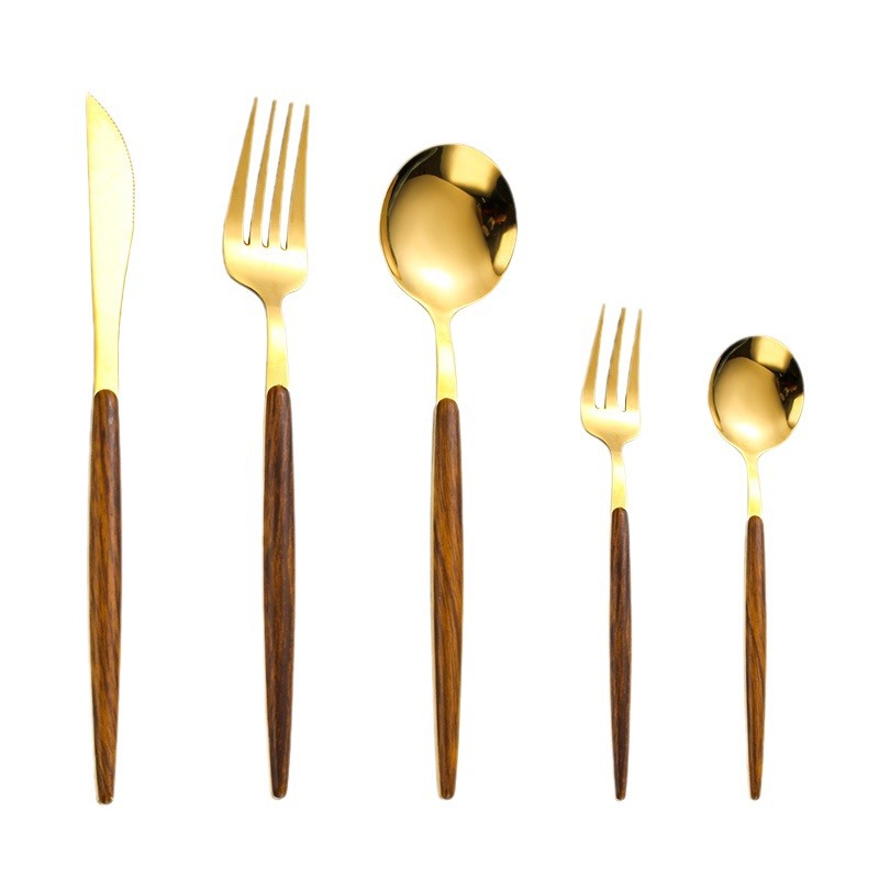 Cruzar la frontera de acero inoxidable 430 imitación madera grano portugués vajilla creativa japonés occidental comida cuchillo tenedor cuchara traje cuchillo de carne