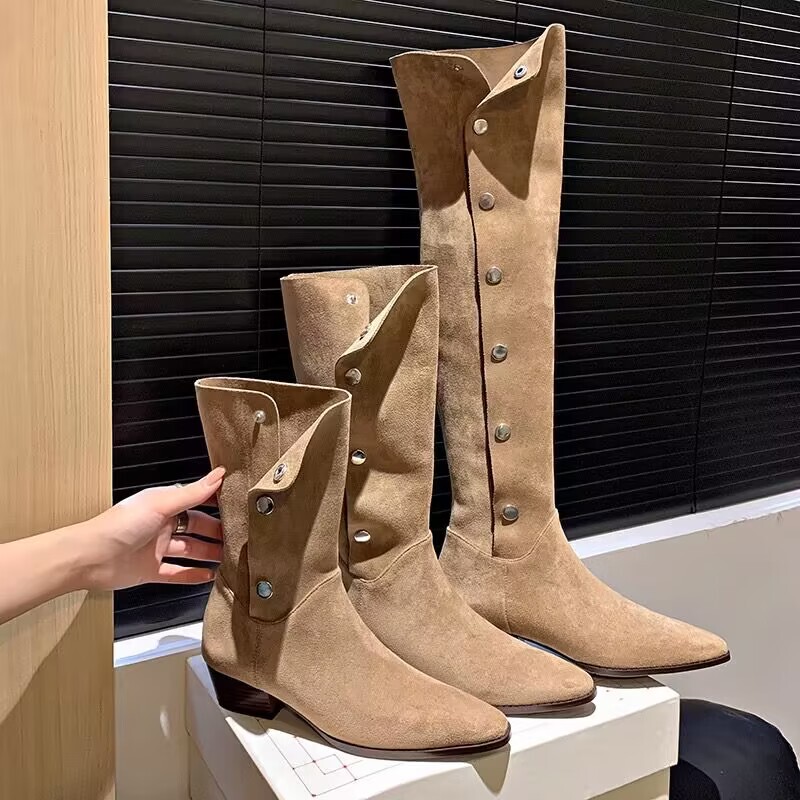 Western Cowboy Boots for Women, Stacked Boots, 2025 New Autumn Single Boots, Pointed Toe Long Boots, Mid-Calf Chunky Heel Riding Boots