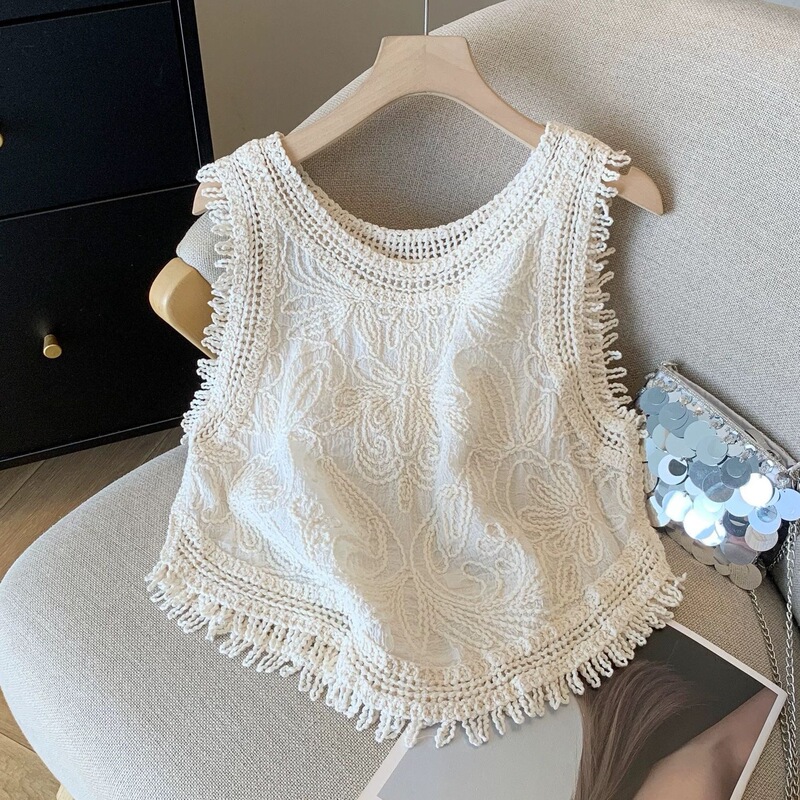 French-Style Tassel Jacquard Knitted Vest for Women, New Summer Bohemian Style Outerwear, Elegant Short Top