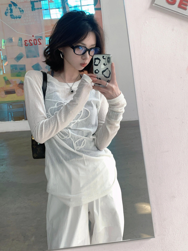 开春韩系穿搭白色防晒罩衫女夏季长袖微透薄款修身针织衫t恤上衣|undefined