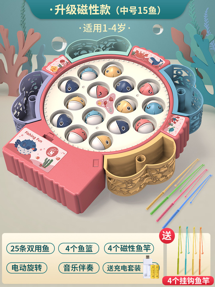 Plato de pesca eléctrico multifuncional para niños juguete música giratoria varilla de pesca magnética traje rompecabezas educación temprana regalo al por mayor