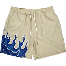 米白潮酷风！侧边蓝焰印花男运动短裤，网眼透气材质搭配抽绳设计