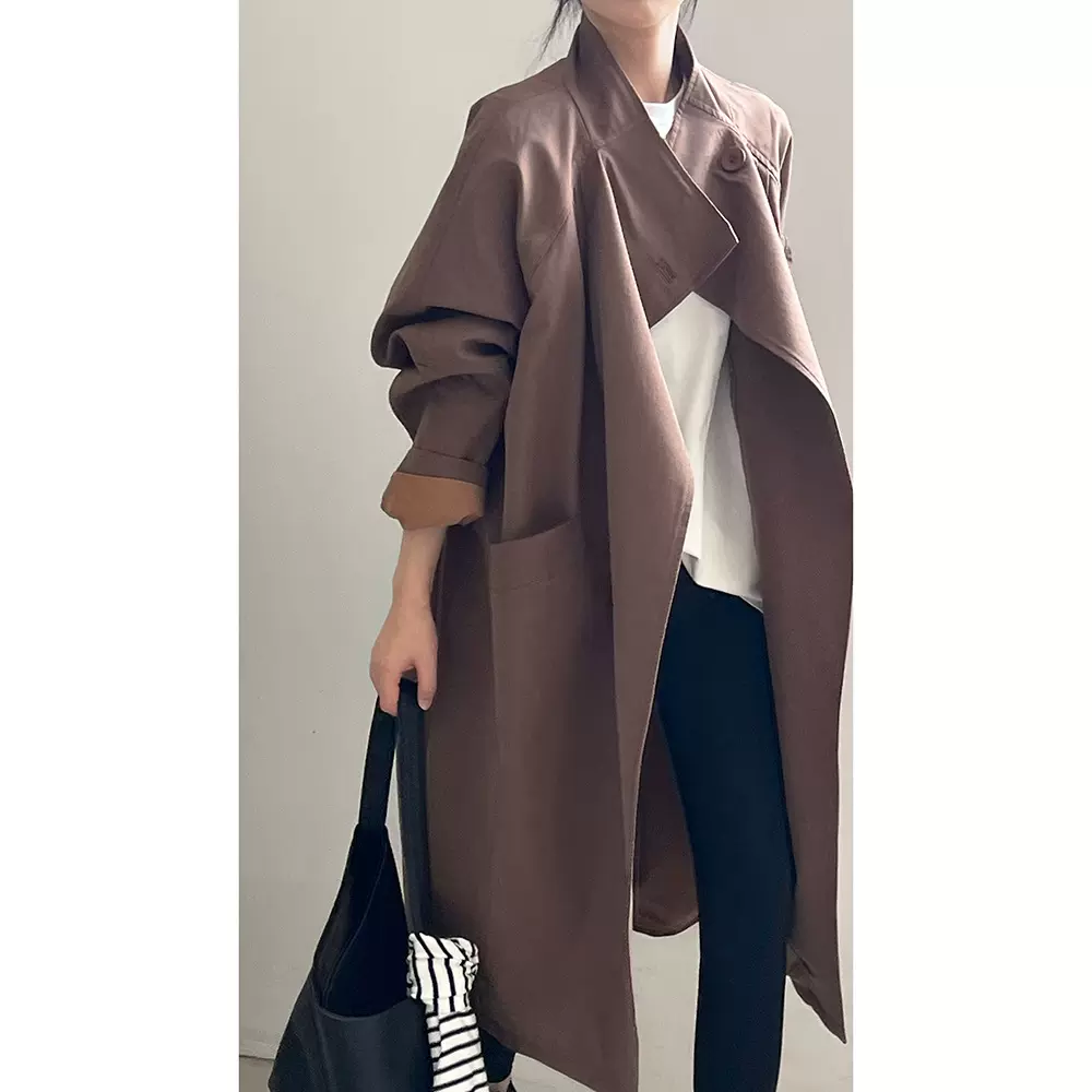 言双 复古翻领一粒扣中长款大衣女 秋季新款宽松风衣外套82116