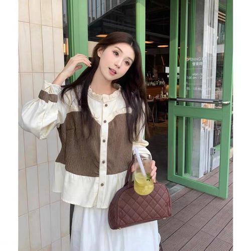 French retro design contrasting two-piece blouse, 2024 early spring new women's single-breasted multi-button long-sleeved top