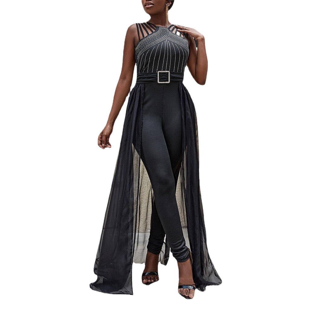 2023 European and American Cross-Border Amazon Black Sleeveless Strappy Rhinestone Design Waist-Cinching Mesh Mop Jumpsuit