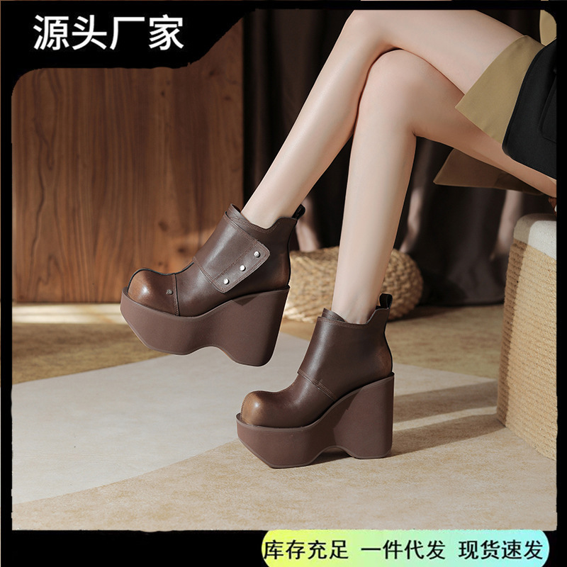 12cm Genuine Leather Vintage Fashion All-match Thick-soled Height-increasing Small Leather Shoes Women's Small Comfortable Wedge Heel Super High Heel Ankle Boots
