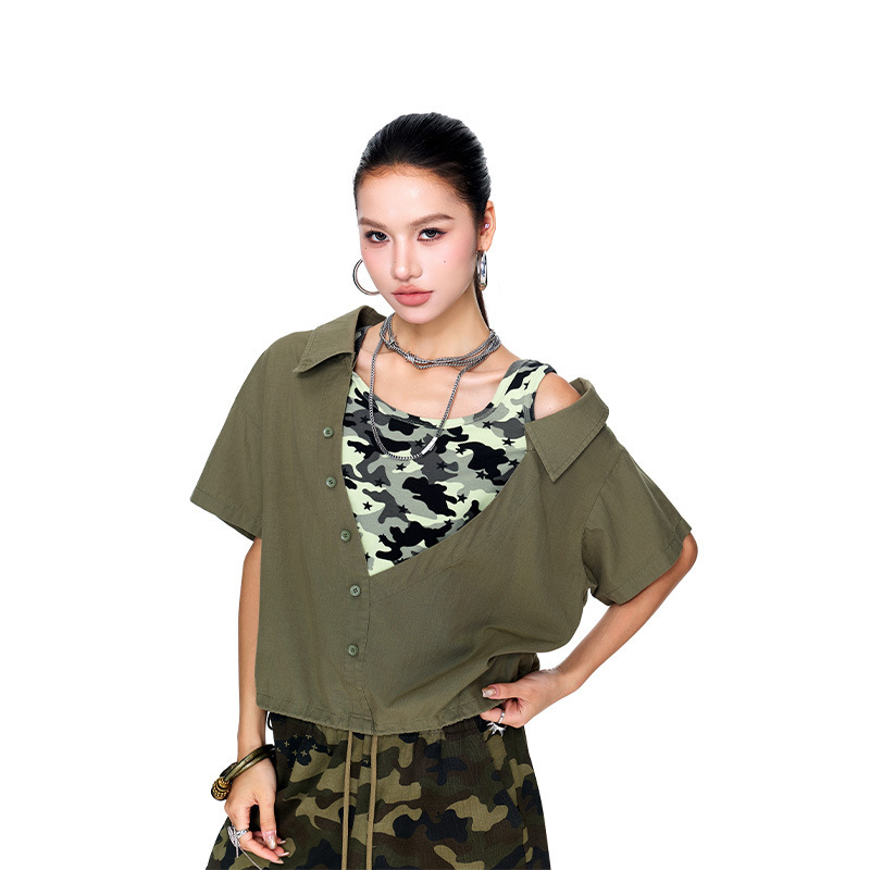 Tuogu Fake Two-Piece Short-Sleeved Shirt for Women, Summer Women's New Camouflage Vest Design, Off-Shoulder Top, Short-Sleeved Top for Women Tuogu Fake Two-Piece Short-Sleeved Shirt for Women, Summer Women's New Camouflage Vest Design, Off-Shoulder Top, Short-Sleeved Top for Women