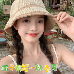 Hat Wig All-in-One Women's Summer New Woven Fisherman Hat Breathable Seaside Sunshade Hat Long Curly Hair Full Head Cover