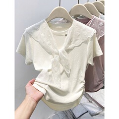 2025夏のレースのショールtシャツの女性の丸首のしわは腰の半袖の肩のデザイン感を収めます。
