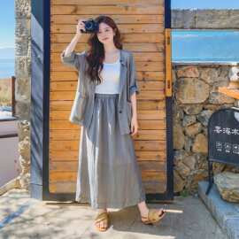 灰色韩系休闲轻薄外套背心半身裙三件套女2026夏季新款松弛感套装
