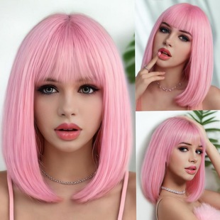 Factory in stock wig women's pink short straight bobo head air bangs fashion shoulder clavicle hair cross-border supply