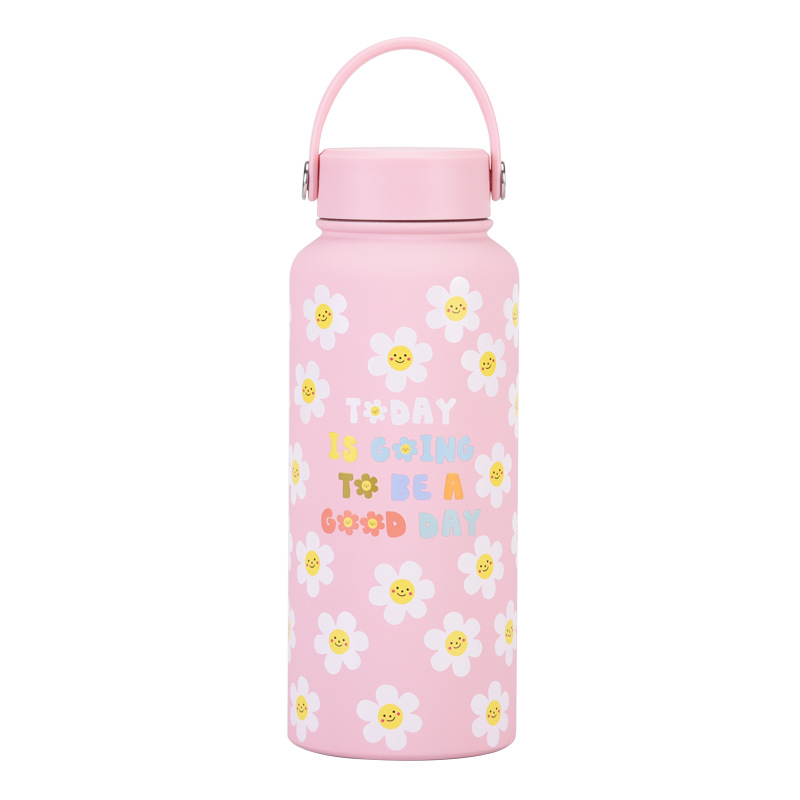 Nueva Botella de Agua Deportiva Aislada de 1 Litro, Boca Ancha, Portátil, al Vacío, para Exteriores, con Estampado, para Mujer, 2026