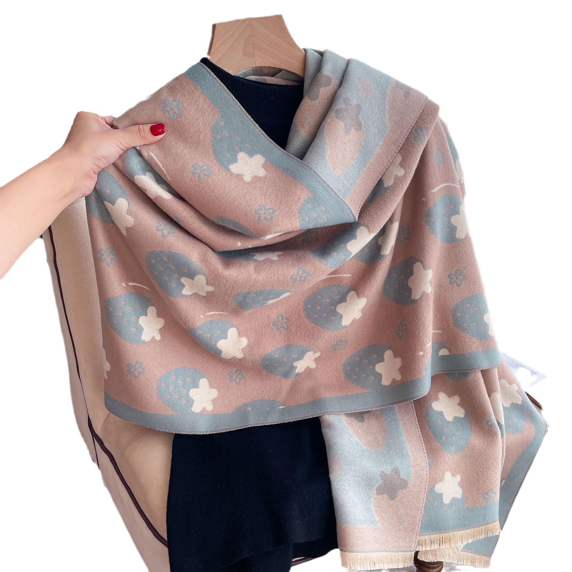 Estilo coreano otoño e invierno nuevo lindo fresa largo engrosado caliente impreso borla chal bufanda de Cachemira de doble cara para las mujeres