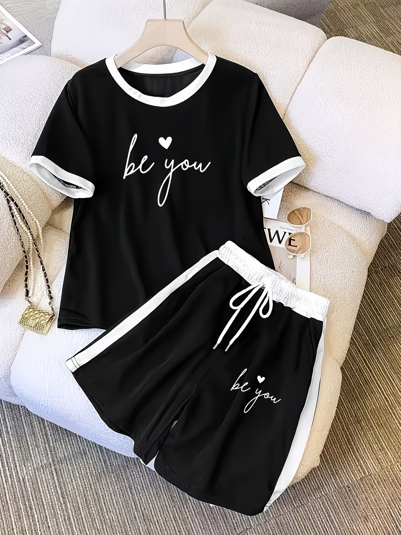 Summer Women's Printed Color Block Two Piece Set Simple Luxury Loose Casual Outfit Short Sleeve 8010 Print_ecoleips.com