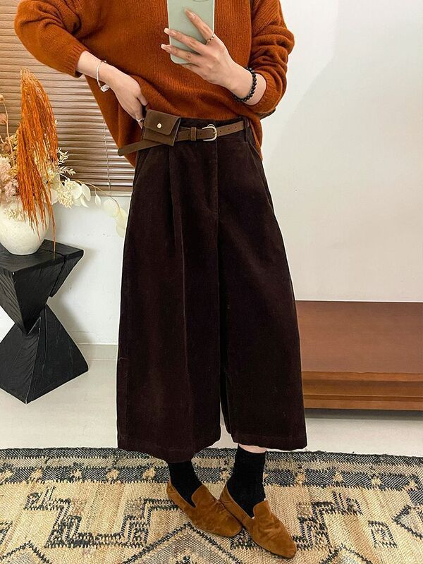 Melard Coffee-Colored Corduroy Suit with Cropped Slim-Fit Straight-Leg Versatile Casual High-Waisted Wide-Leg Pants for Petite Sizes