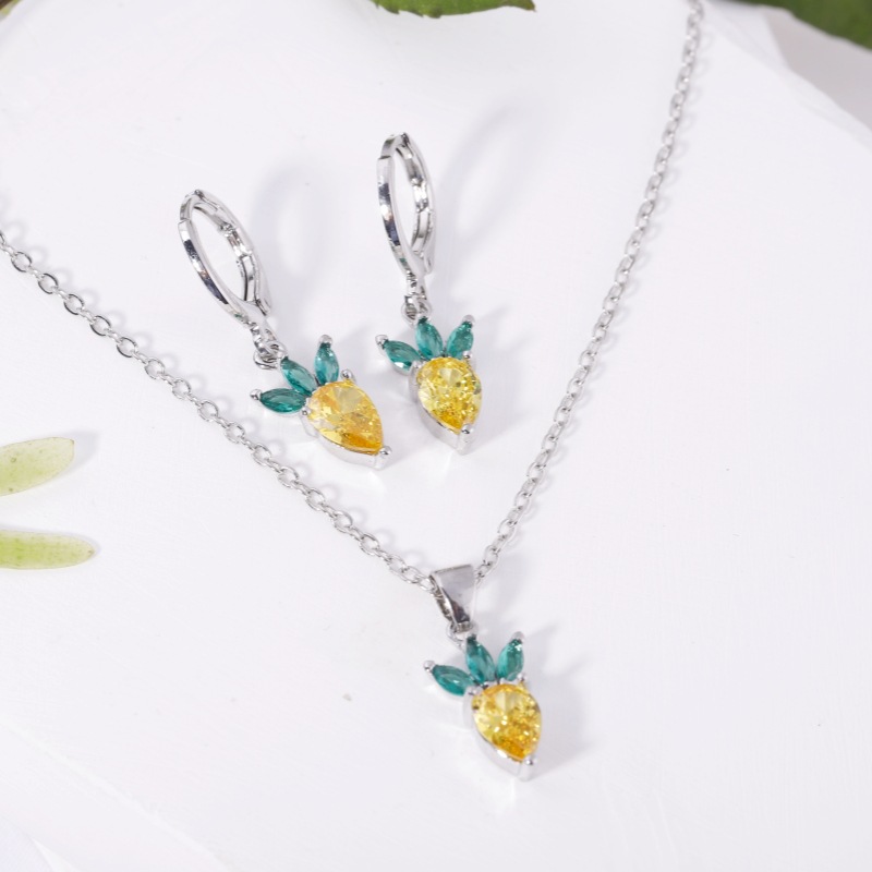 Fruit Earring Necklace Set Colorful CZ Zircon Earrings Grape Cherry Piercing Jewelry Gold detail image 19