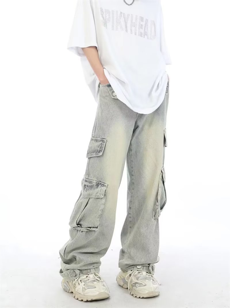 Jeans cargo multitasche stile retrò americano da uomo, pantaloni lunghi lavati vintage, stile streetwear pesante_voghion.com
