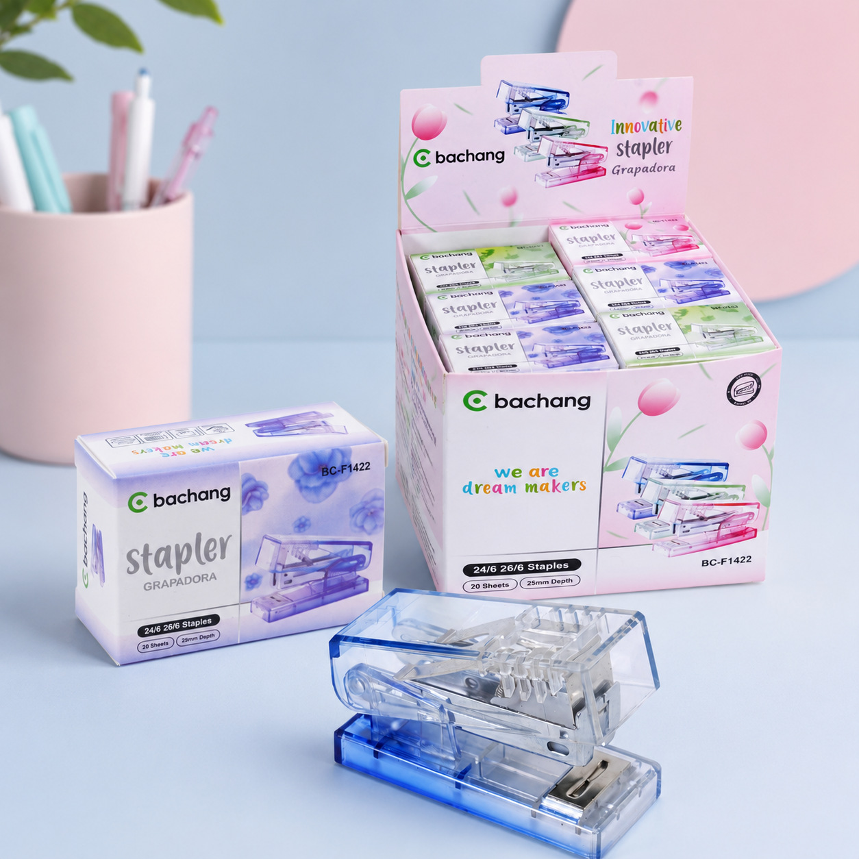 Multi-color transparent mini stapler display box set, high aesthetic desktop stationery, office document binding supplies wholesale