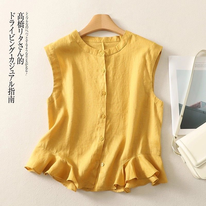 Chic Ruffled Hem Cotton and Linen Shirt for Women, Summer Casual Sweet Style, Stylish Sleeveless Tank Top, Vintage Chic Ruffled Hem Cotton and Linen Shirt for Women, Summer Casual Sweet Style, Stylish Sleeveless Tank Top, Vintage