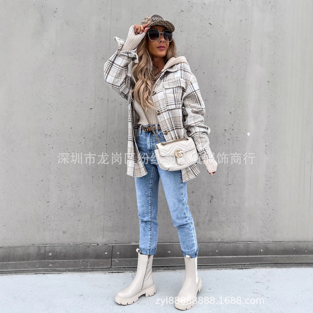 European and American Hot Style 2023 Ebay Winter Women's Outwear Fashionable Hooded (Removable) Woolen Plaid Outwear