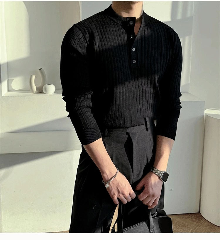 Men's Slim-Fit Henley Knit Shirt - Breathable Polyester Long Sleeve Top, Striped Muscle Fit For Gym & Casual Wear (Spring/Fall Collection)_viptrois.com