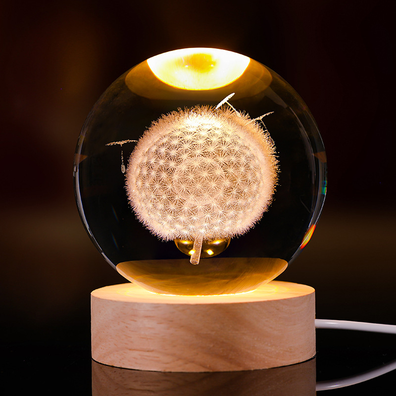 Bola de cristal luminosa lámpara de noche 3D esculpida estrella base de madera sólida regalo de cumpleaños decoración de escritorio creativa