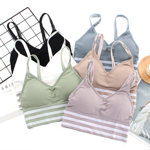 Seamless sports bra for women, fashionable English letter camisole, striped wrap top, no rims, beautiful back bra