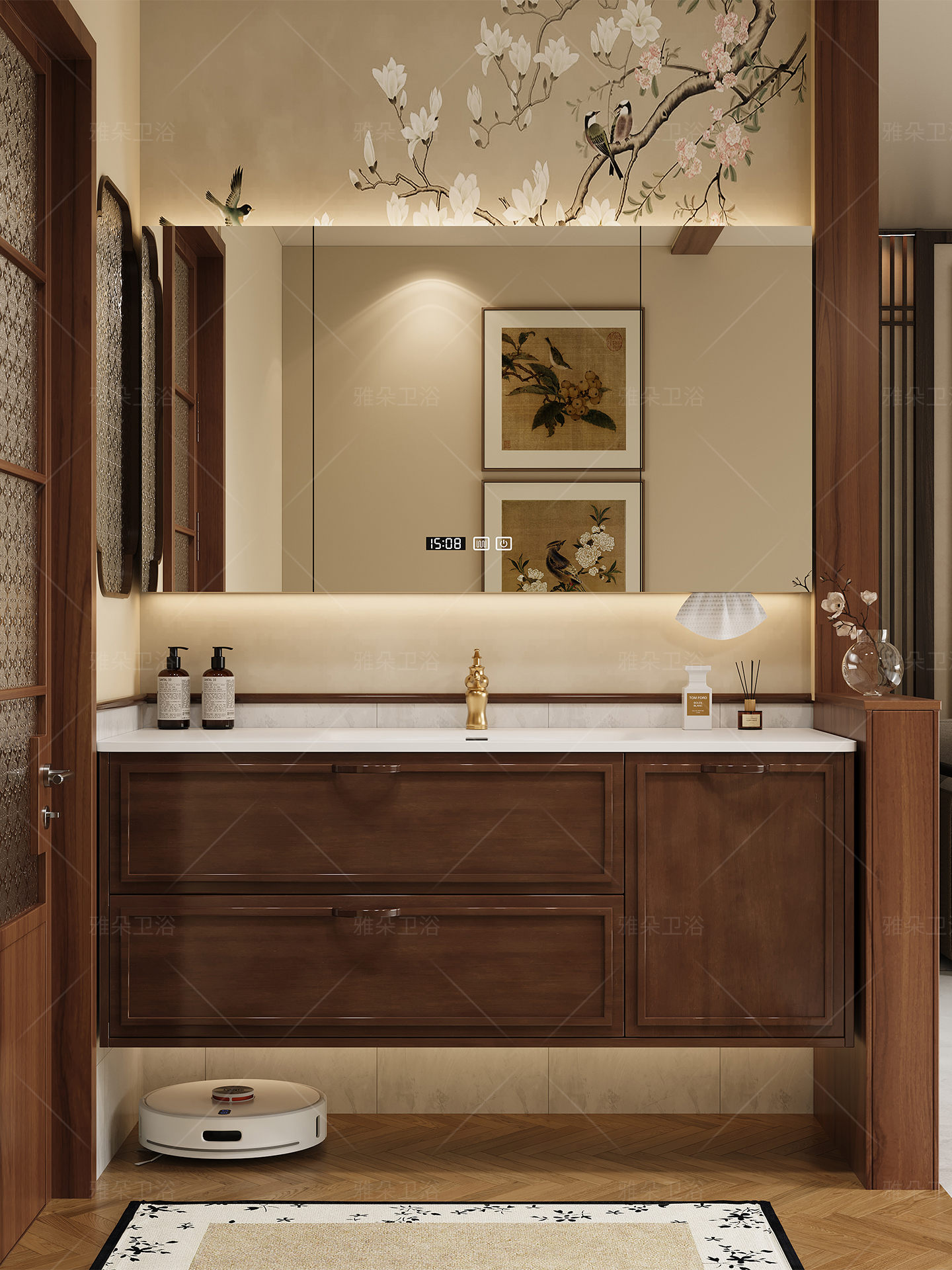 ✅ Song-Style Aesthetic Rubber Wood Bathroom Cabinet Set with Integrated Ceramic Washbasin