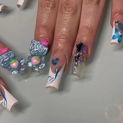 3D Cute Kitty Wearable Nail Tips, Blue Butterfly Ballet Nails—Elegant European & Instagram-Style, Whitening Effect, Mid-Length Fake Nails