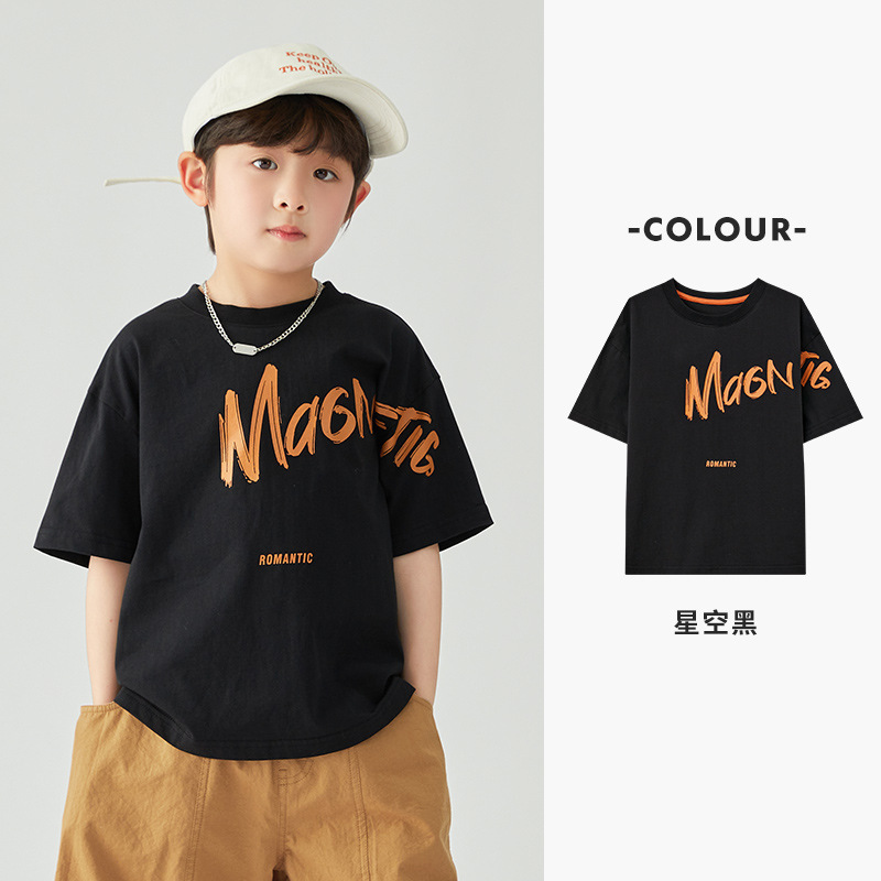 男の子用Tシャツ、子供用夏用薄手で快適で涼しいプリント半袖、中型および大型の子供用スポーツとレジャーの純綿トップス、トレンディです。|undefined