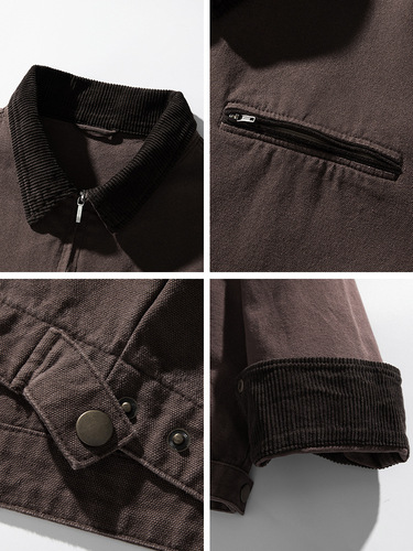 Vintage distressed washed Detroit jacket—spring new arrival, Japanese-style loose-fit corduroy patchwork lapel coat Q.