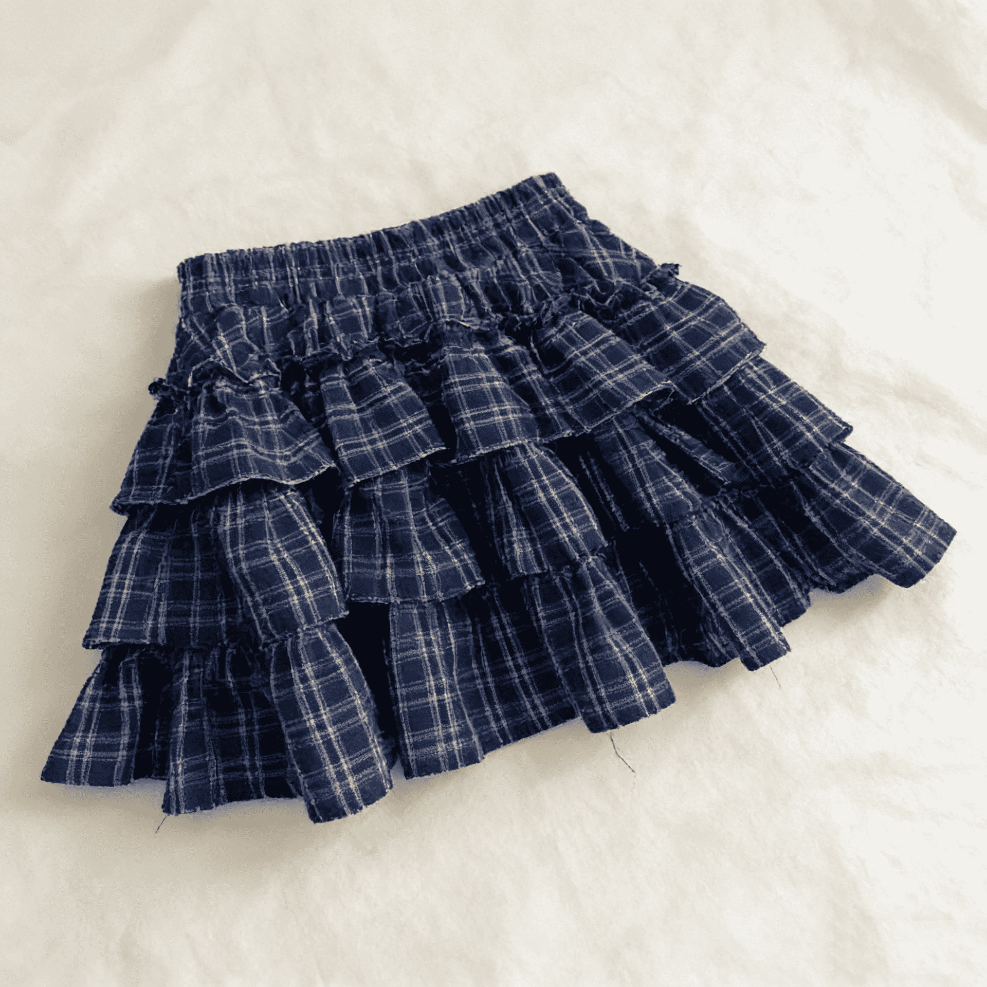 Navy plaid lace pile skirt / Height 110cm