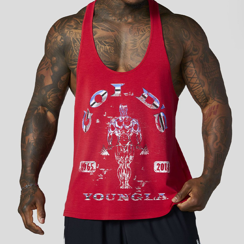 New Youngla Gold's Vest with Colorful Logo, Cotton Men's Casual Sports Fitness Running Muscle Sleeveless Shirt