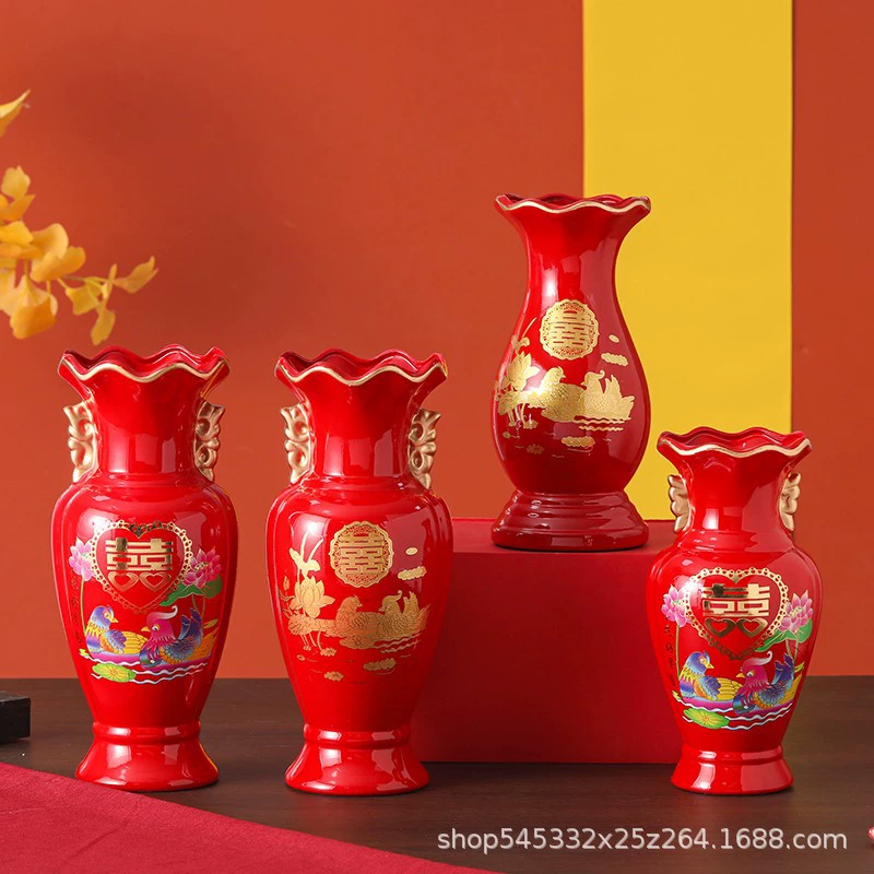 8 дюймов Китайская Красная Ваза счастливый характер керамическая ваза свадебное украшение гостиной