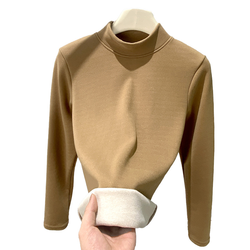 Women's Clothing Half Turtleneck Wool Bottoming Shirt For Women In Autumn And Winter With Plush And Thickened Slim Fit Warm Long Sleeved Top_voghion.com