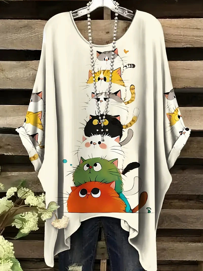 Футболка plus-size с мультяшными котами, оверсайз европейского стиля, 1XL–5XL, бежевый и цветной