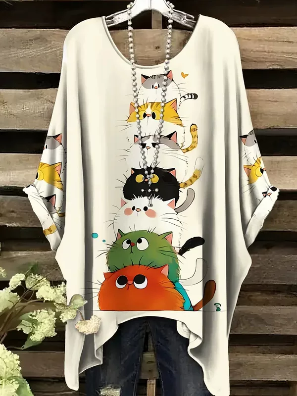 Футболка plus-size с мультяшными котами, оверсайз европейского стиля, 1XL–5XL, бежевый и цветной
