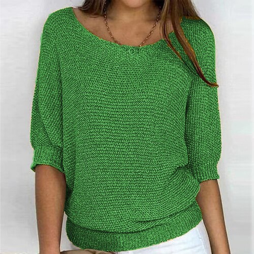 2024 New Spring Fashion for Foreign Trade: Solid-Color Round-Neck Knitted Top with Three-Quarter Sleeves—Suitable for Air Conditioning, Available on AliExpress and Wish.
