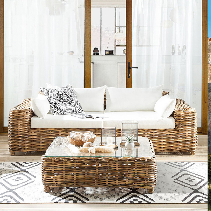 Outdoor garden three-piece set of double furniture, courtyard rattan sofa, waterproof, leisure, sun-proof, terrace furniture