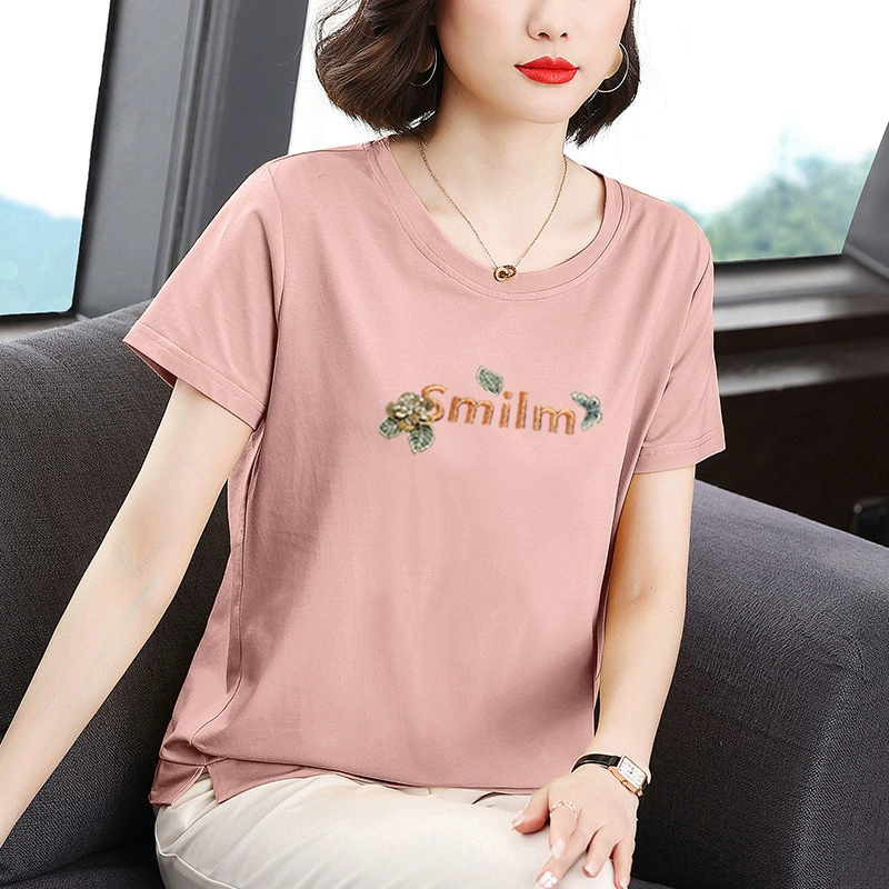 Хлопковая футболка с короткими рукавами, одежда для мам среднего возраста, свободная летняя одежда больших размеров, топ для женщин среднего и пожилого возраста, закрывающий живот, модный полурукав.