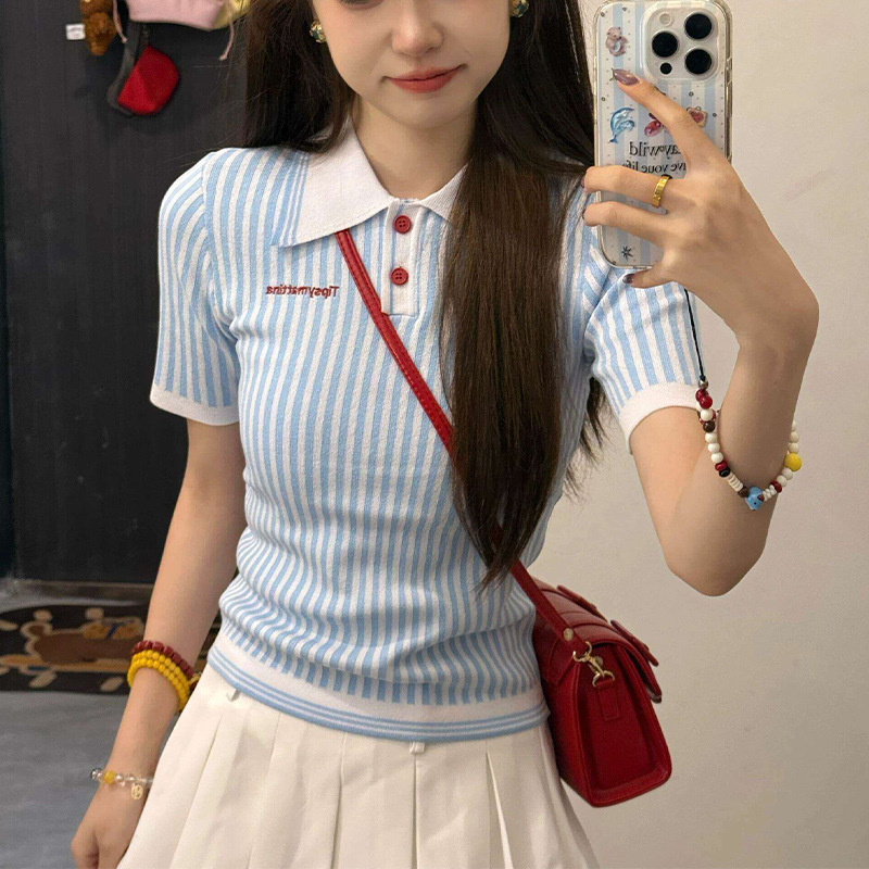 French-Style Outfit Light Blue Polo Collar Striped Short-Sleeve Knit Top for Women Summer Regular Shoulder Turn-Down Collar T-Shirt Trendy Women's Top French-Style Outfit Light Blue Polo Collar Striped Short-Sleeve Knit Top for Women Summer Regular Shoulder Turn-Down Collar T-Shirt Trendy Women's Top