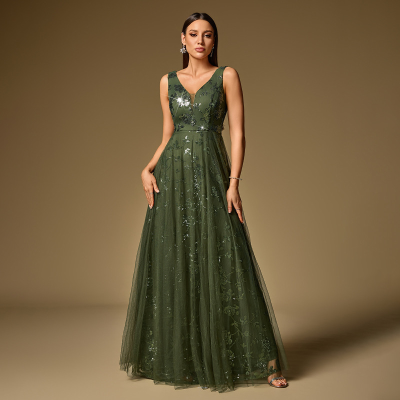 High-Quality European and American Style Sexy Deep V-Neck A-Line Evening Dress, Elegant and Sexy Spaghetti Strap Floral Sequin Mesh Dress for Women