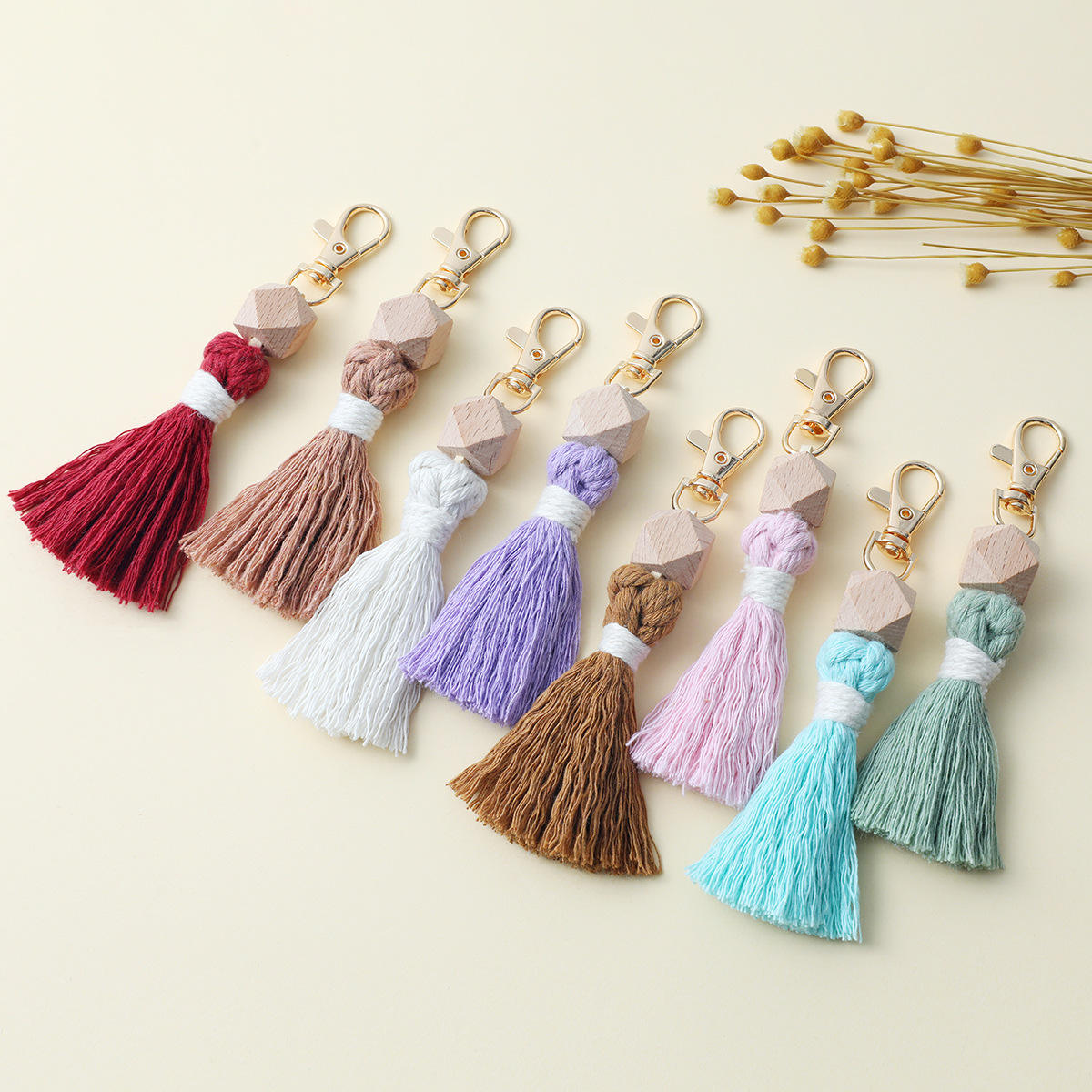 Cross-Border New Style Bohemian Wooden Beads Cotton Rope Keychain Pendant Bag Mobile Phone Pendant Cotton Thread Tassel Keychain