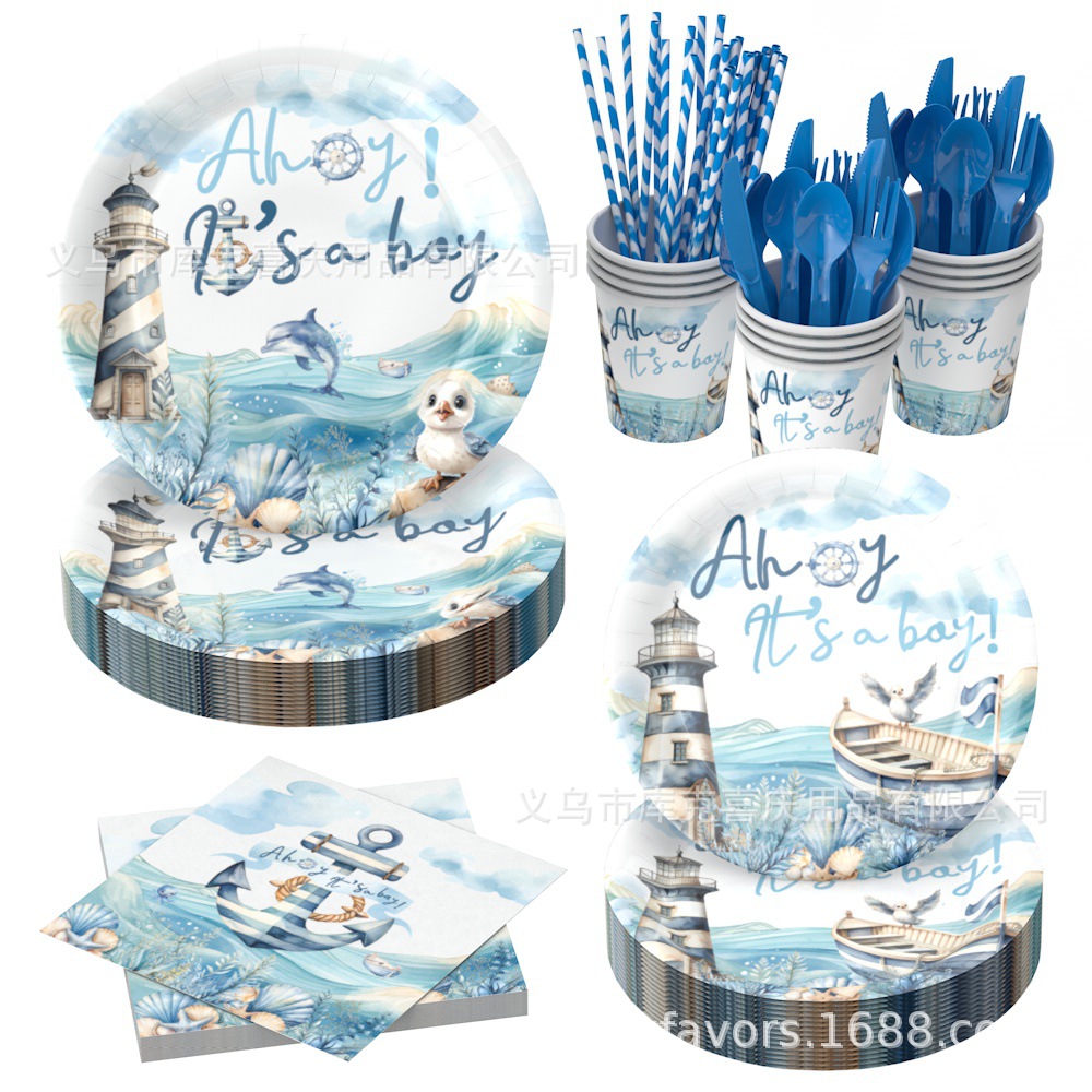 Nuevo tema de navegación azul decoración de fiesta de cumpleaños de niño bandeja de papel desechable tazas de papel toallas de papel set de cubiertos