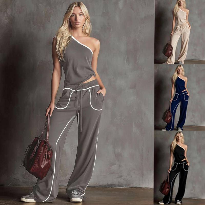 2026 European and American Cross-Border Independent Website Summer New Women's Straight Wide-Leg Pants + Fashionable Off-Shoulder Top Two-Piece Set
