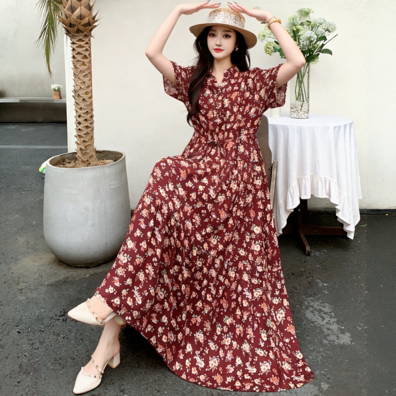 Anstq1122 Cross-Border Slimming Floral Dress Bohemian Elastic Waist Travel Long Dress for Slightly Chubby Pregnant Women Anstq1122 Cross-Border Slimming Floral Dress Bohemian Elastic Waist Travel Long Dress for Slightly Chubby Pregnant Women