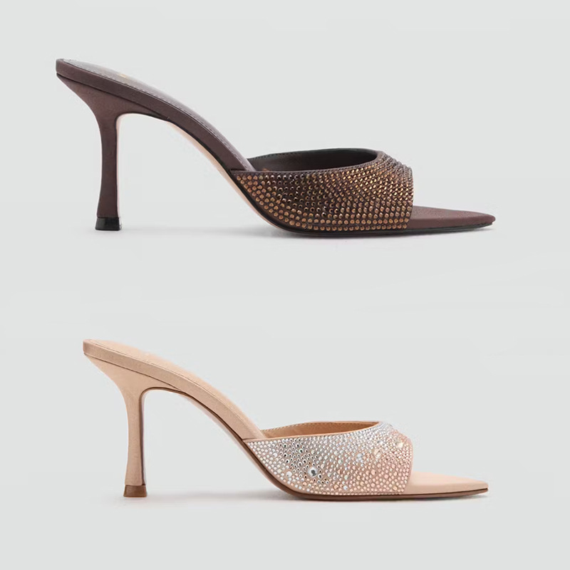 2026 Summer New Women's Shoes, Mules, Rhinestone Open-Toe High-Heeled Sandals, Women's Thin-Heeled Slip-Ons for Outdoor Wear