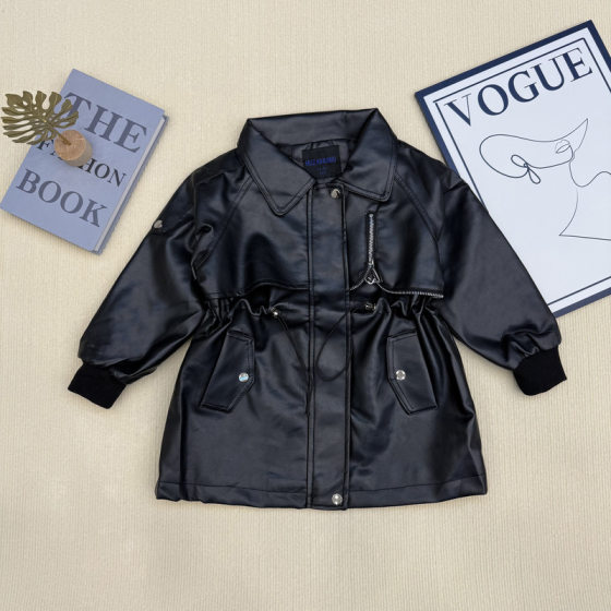 Girls long windbreaker PU leather 2025 spring and autumn new windproof placket British coat in stock wholesale waist