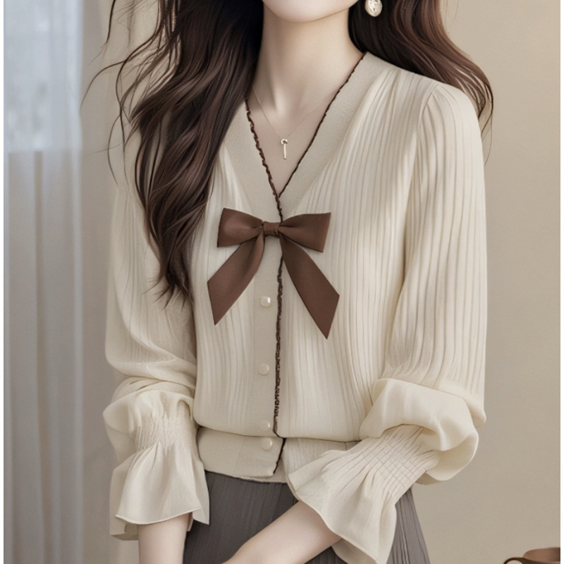 French-Style Bowknot Small Fragrance Color-Block V-Neck Knitted Cardigan Autumn New Pure Desire Gentle Style Long-Sleeve Top for Women